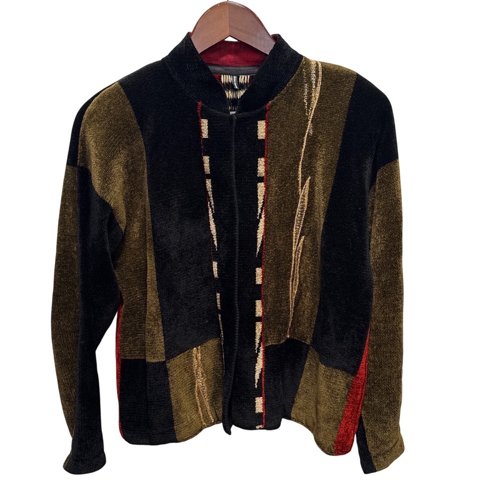 Mina Norton Vintage Chenille Open‎ Front Cardigan Black Olive Red Colorblock
